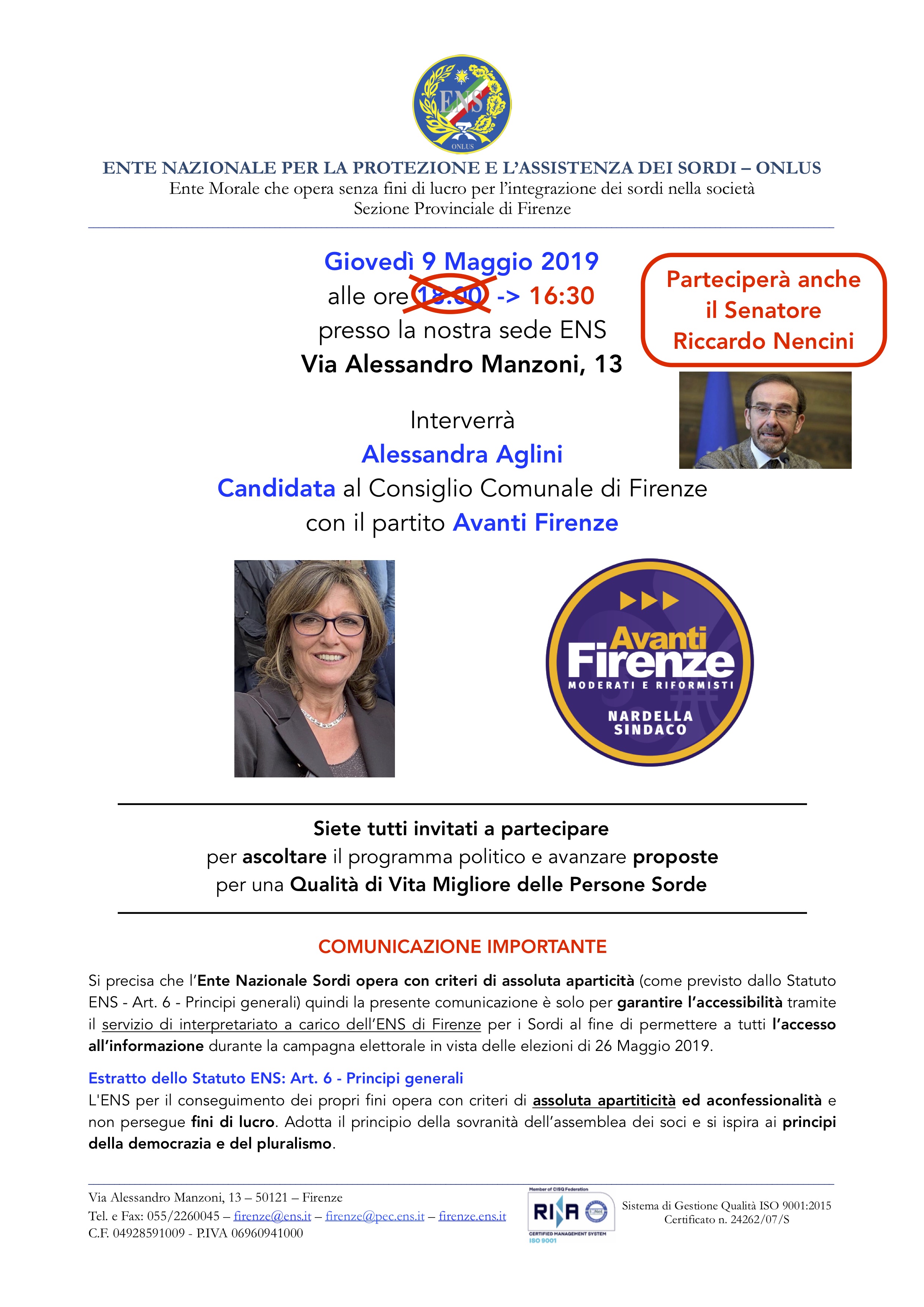 Comunicato per campagna elettorale 26 Maggio 2019 Aglini Alessandra 9 Maggio 2019 16.30
