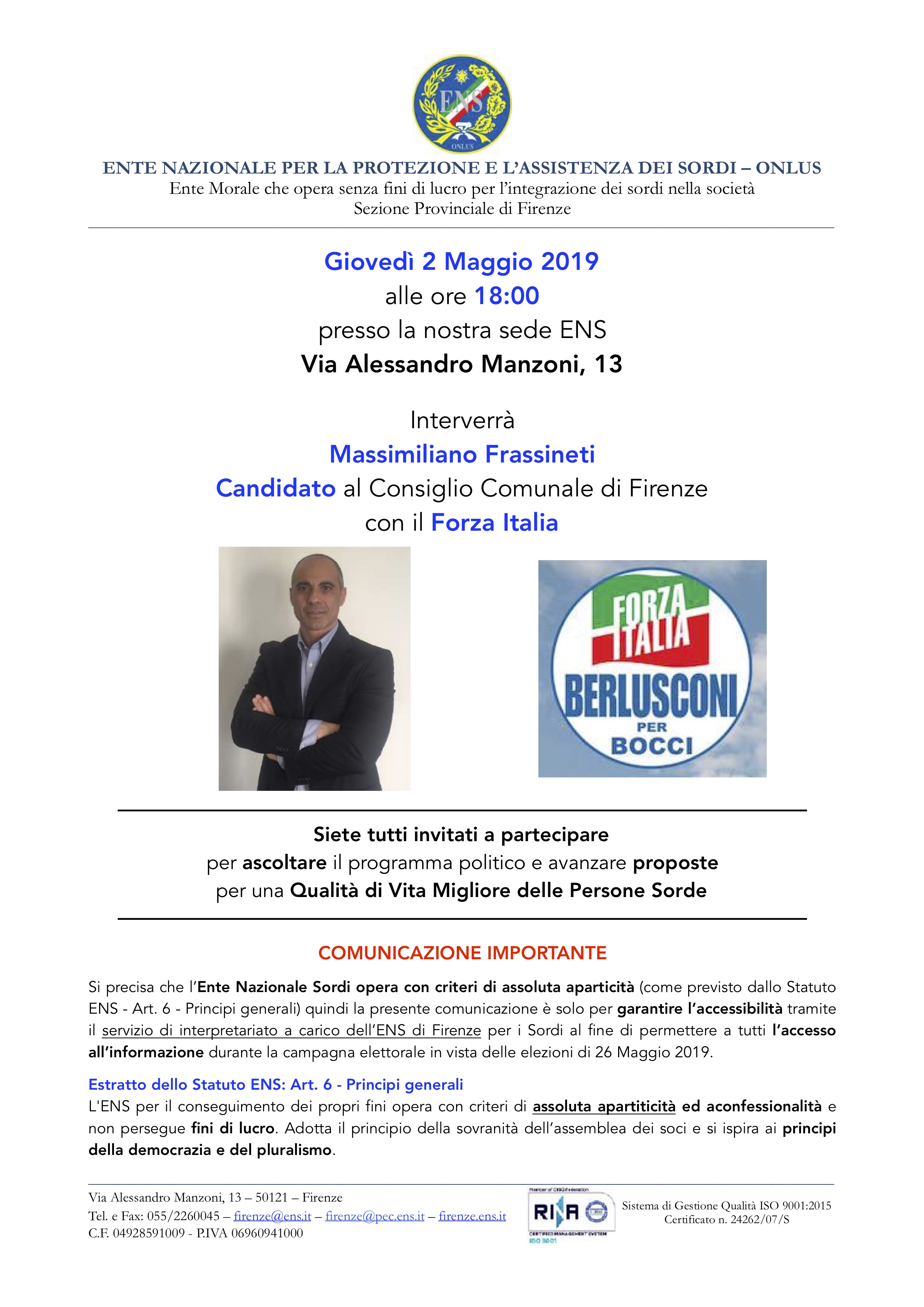 Comunicato per campagna elettorale 26 Maggio 2019 Frassineti Massimiliano 2 Maggio 2019