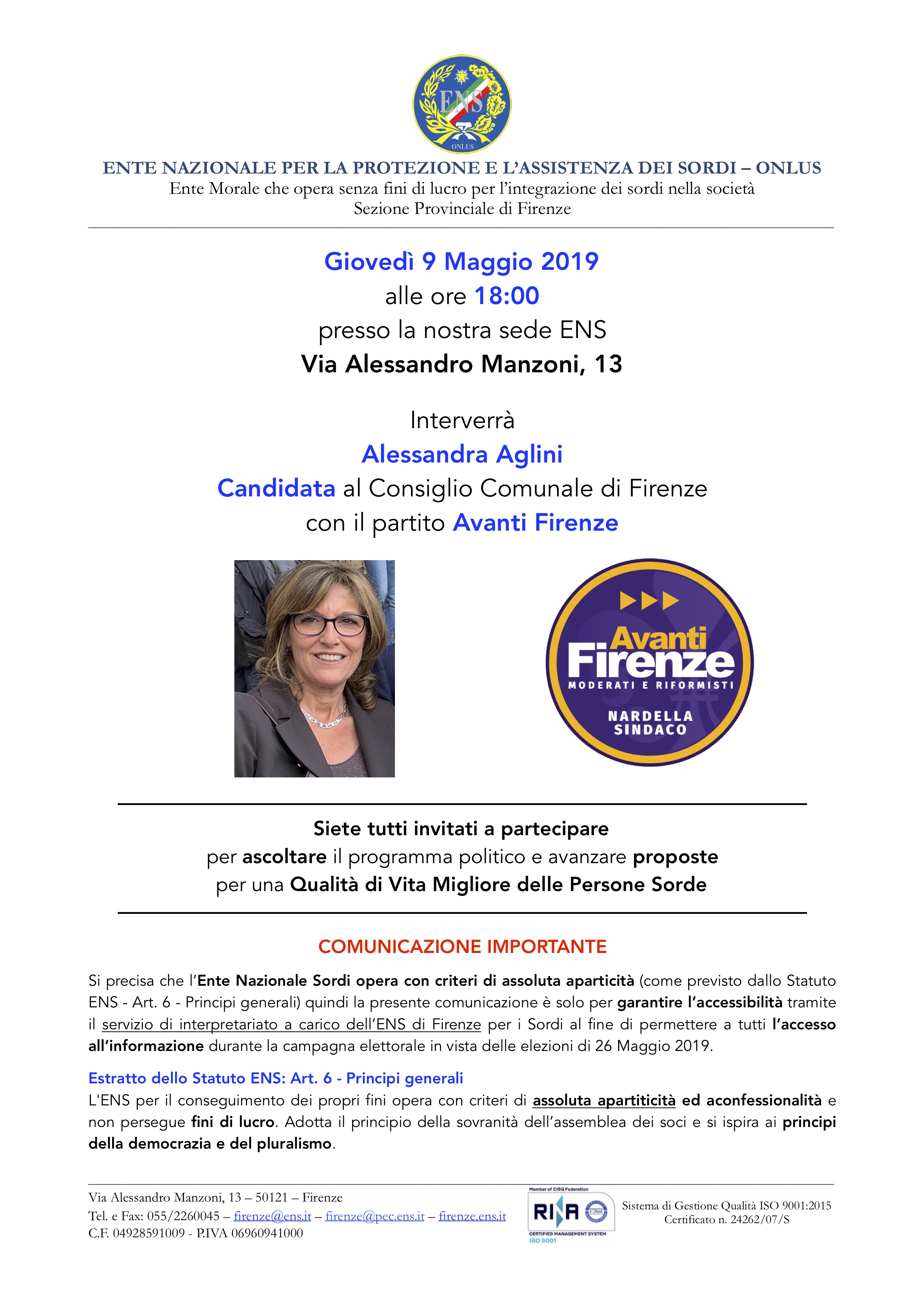 Comunicato per campagna elettorale 26 Maggio 2019 Aglini Alessandra 9 Maggio 2019